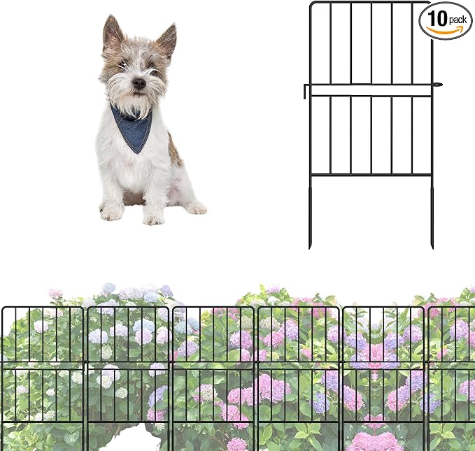 ShopLaLa Decorative Garden Fence (10 Panels) 12in(L) x 24in(H) Rustproof Black Metal Animal Barrier for Dog, Classic Wire Fencing Flower Bed Edging for Yard Landscape Patio Outdoor Border Panels Decor