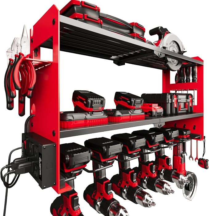 MOOMSINE Power Tool Organizer Wall Mount with Charging Station, Heavy Duty Metal Tool Storage with 5 Outlets, Cordless Drill and Battery Holder for Garage and Workshop Organization, Red