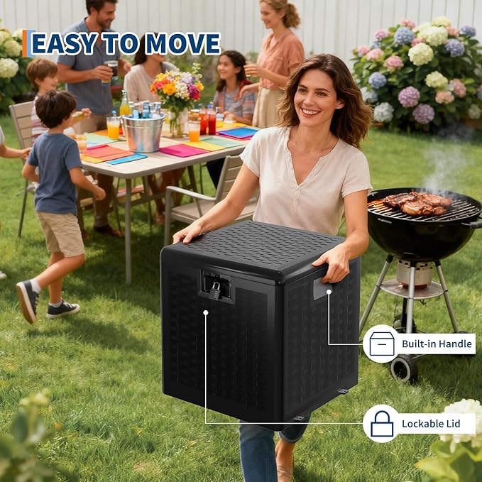 Garvee 28 gal Outdoor Storage Box with Lid, Weather-Resistant Plastic Deck Box, Lockable Outdoor Storage Bin for Patio Furniture, Gardening Tools and Accessories, Black