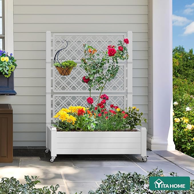 YITAHOME 43.3x17.7x61 in Planter Boxes Outdoor with Trellis, Resin Raised Garden Bed with Wheels & Drain Plug for Climbing Plants, Weather-Resistant Design Elevated Garden Bed with Trellis, White