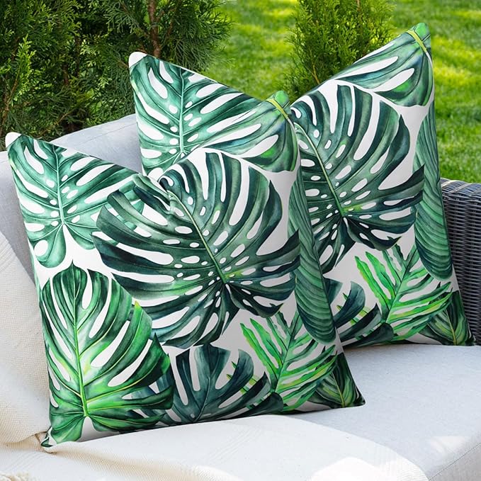 Adabana Spring Outdoor Waterproof Tropical Leaf Pillow Covers Set of 2 Monstera Green Plant Cushion Cases 18x18 Inch Waterproof Decorative Pillows for Patio Garden Couch Beach,Green