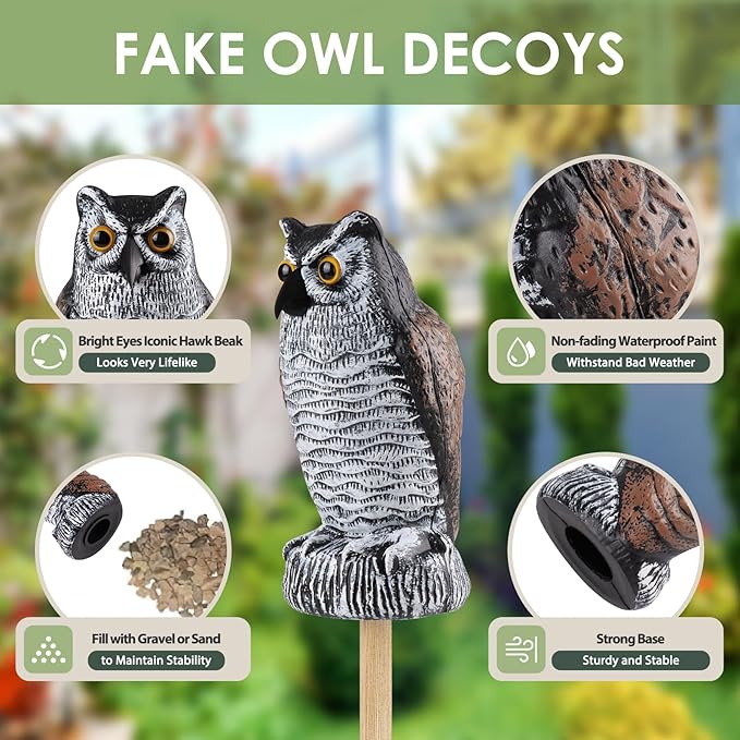 Fake Owl Decoy to Scare Birds Away, Plastic Garden Owl Scarecrow for Garden, Waterproof Owl Statue for Courtyard Orchard Doorway Roof Owl Decor 3 Pack