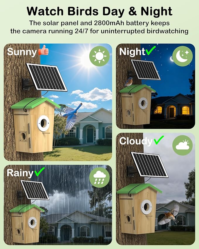 Bird House with Camera,2K HD No-Glow Night Vision,Isolated Camera Bay & 3 Entry Panels,Motion Alerts, Solar Powered Bird Nest Box for Backyard Bird Watching