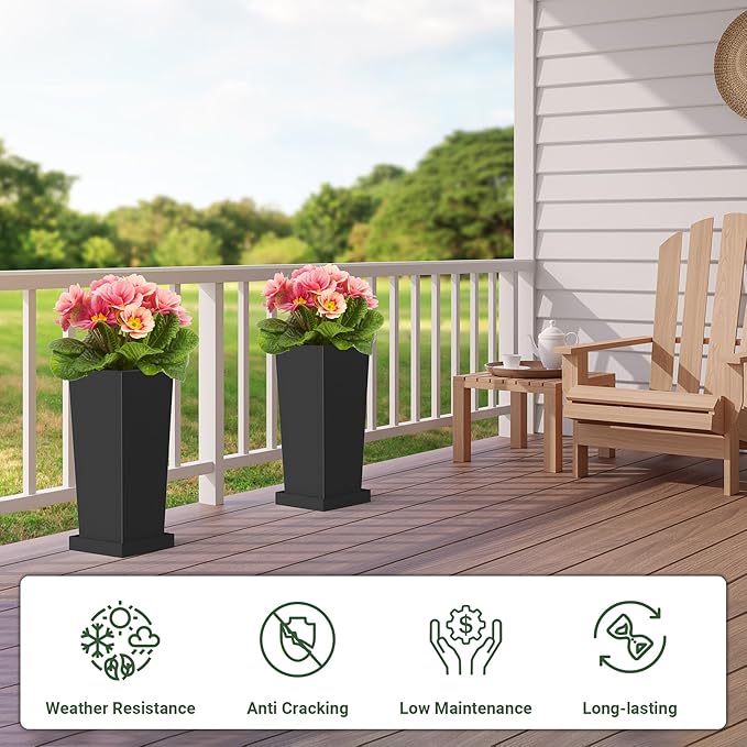 Metal Tall Outdoor Planters Set of 2, 20 inch Durable Tall Planters with Rust-Proof Coating & Drainage Insert Shelve & Trays, Black Outdoor Planters for Porch, Garden, Patio, Yard