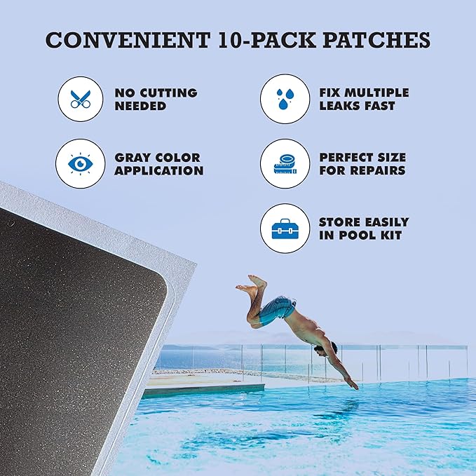 Burro Adhesives 10-Pack Waterproof Gray Pool Patches - Professional Grade PVC Repair Kit with 2.75" x 4" Heavy Duty Patches for Commercial & Residential Vinyl Liner Pools, Works Underwater & Dry