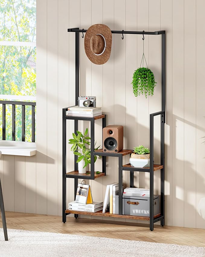 CHOEZON Plant Stand Indoor, 63" Tall Wooden Plant Shelf with Hanging Hooks and Staggered Tiers, Freestanding Flower Rack for Living Room, Balcony, Corner, Rustic Brown and Black TCJ41BF