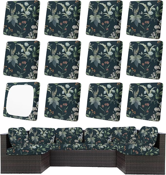 12Pcs Patio Cushion Covers,Outdoor Cushions Covers,Stretch Cushion Covers Replacement, Washable and Reusable Furniture Protectors(Plants)