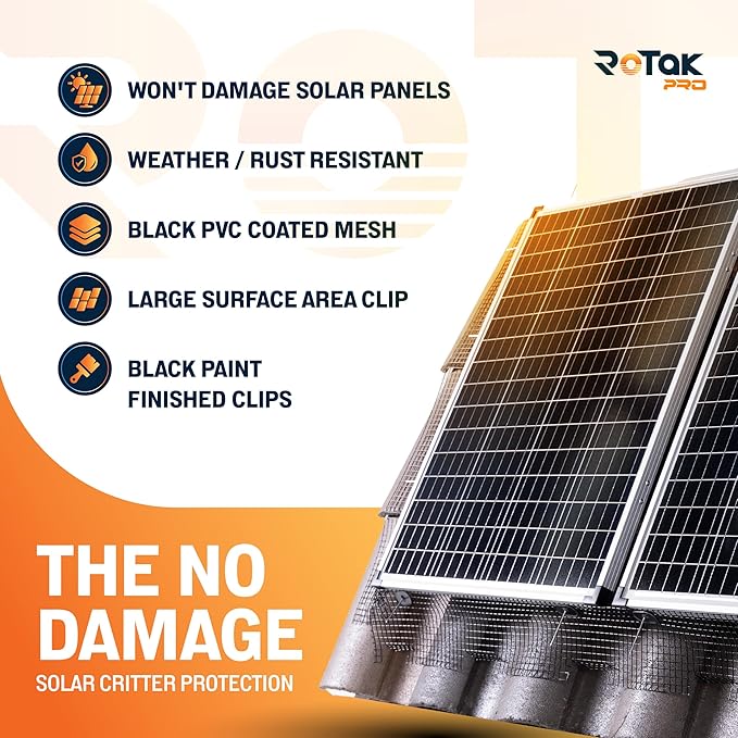Rotak Critter Guard PRO - 8in x 100ft Solar Panel Bird Prevention Roll Kit Pairs - Heavy Duty Galvanized Black PVC Coated ½ inch Wire Roll Mesh (8" x 100)