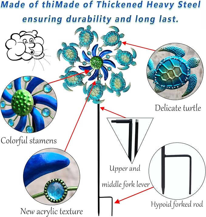 COOZZYHOUR 39" Sea Turtle Wind Spinners Garden Stake-Ocean Theme Outdoor Decorations- Metal Stake Yard Spinner-Wind Sculpture Yard Art Decorations for Patio,Swimming,Lawn & Garden Decor