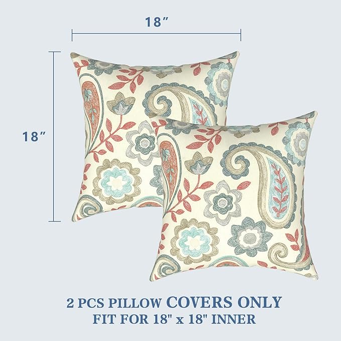 LVTXIII 2 Pack Outdoor Pillow Covers ONLY 18x18 Inch, Water-Repellent Square Decorative Cushion Covers for Patio Furniture, Garden, Sofa, Paisley Vintage