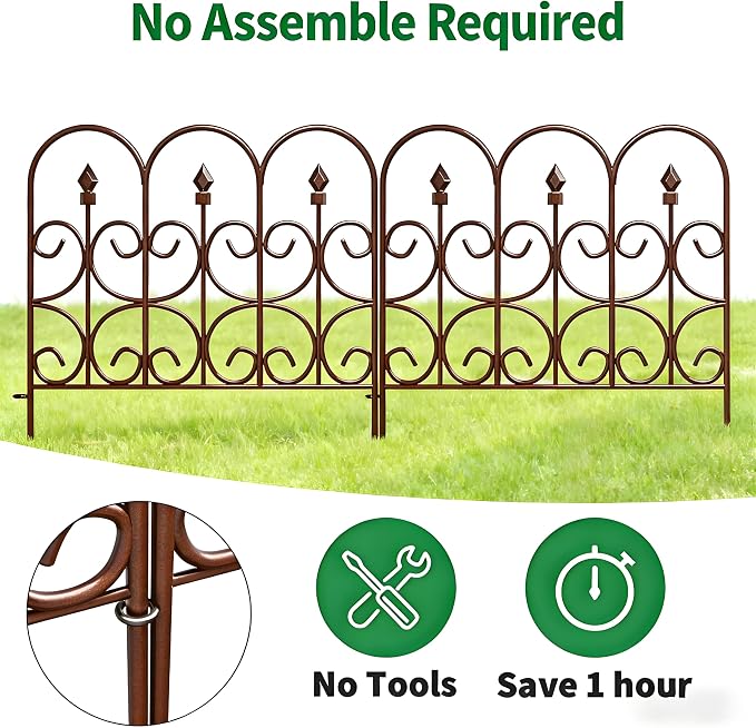 AMAGABELI GARDEN & HOME 5 Panels 32in(H)×10ft(L) Decorative Garden Fences and Borders for Dogs No Dig Metal Fence Panels Garden Edging Border Fence for Animal Barrier Fencing for Flower Beds Brown