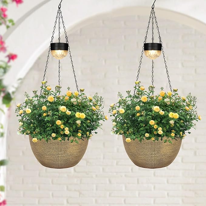 SUNNYPARK 2 Packs Hanging Planters Basket for Outdoor Plants, Solar Powered Self Watering Copper Round Plastic Flower Pots with Drainer for Balcony Patio Garden Outdoor Decoration