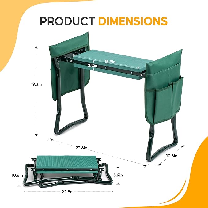 Simple Deluxe Garden Kneeler and Seat, Foldable Kneeling Stool with Thicker EVA Foam Pad, Heavy Duty Bench with Tool Pouch, Gifts for Outdoor Gardening, Fishing, Green, Arbor Day Gift