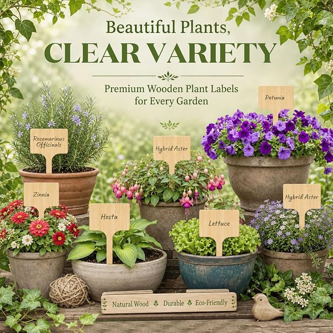 Hicarer 30 Pcs 11.74" x 6" Extra Large Bamboo Garden Markers, Natural Wood T-Type Large Plant Labels for Herbs, Flowers & Vegetables – Easy to Read Full-Size Tags for Garden Outdoor