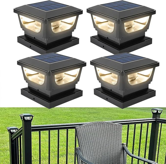 Sumaote Solar Post Cap Lights, 120 Lumen 3000K Warm White LED for 3x3 Metal/Vinyl & 4x4 Wood Posts, IP65 Waterproof Outdoor Garden Fence Deck Lighting, Dusk-to-Dawn Auto On/Off (4 Pack)