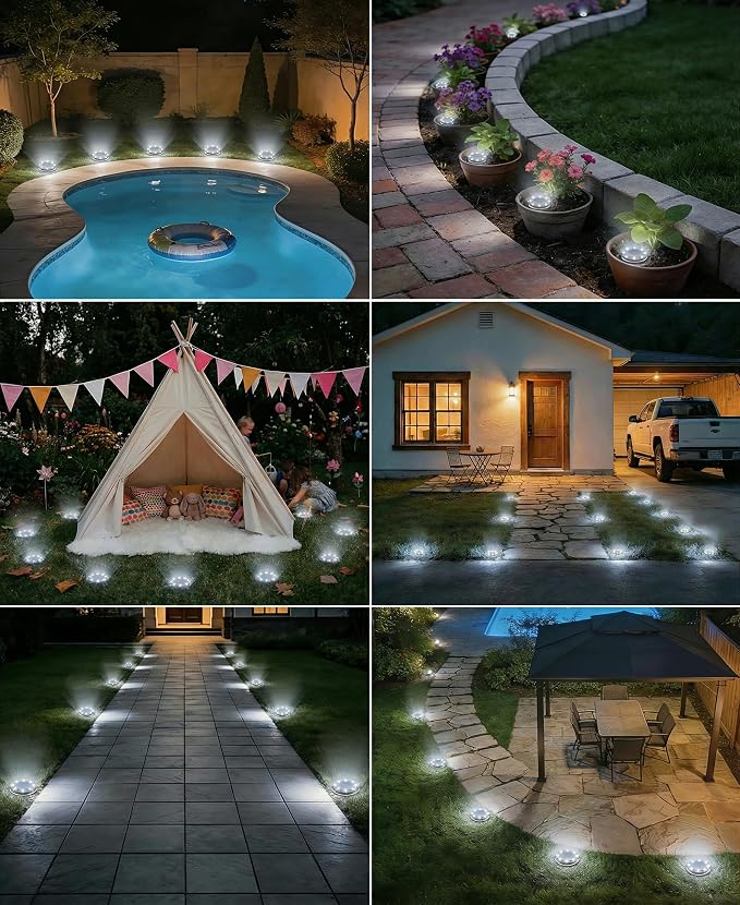 LOTMOS 10 Pack Solar Ground Lights Outdoor, 8 LED Solar Flat Lights IP68 Waterproof Disc Light, Landscape Lighting Solar Powered for Garden Yard Path Driveway Lawn Patio Walkway, Cool White