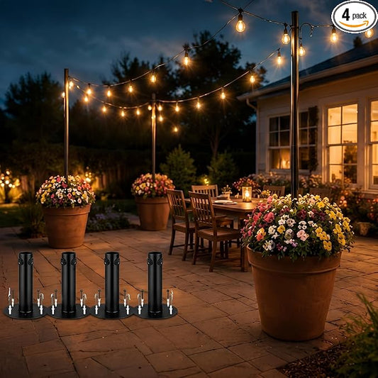 4 Pack String Light Pole Base for Planters, Heavy Duty Metal Holder for Outdoor Patio String Lights, Fits 1.5 Inch Poles, Rust Resistant Mount with Screws for Backyard Garden Decor
