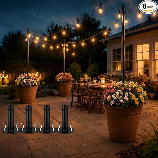 6 Pack String Light Pole Base for Planters, Heavy Duty Metal Holder for Outdoor Patio String Lights, Fits 1.5 Inch Poles, Rust Resistant Mount with Screws for Backyard Garden Decor