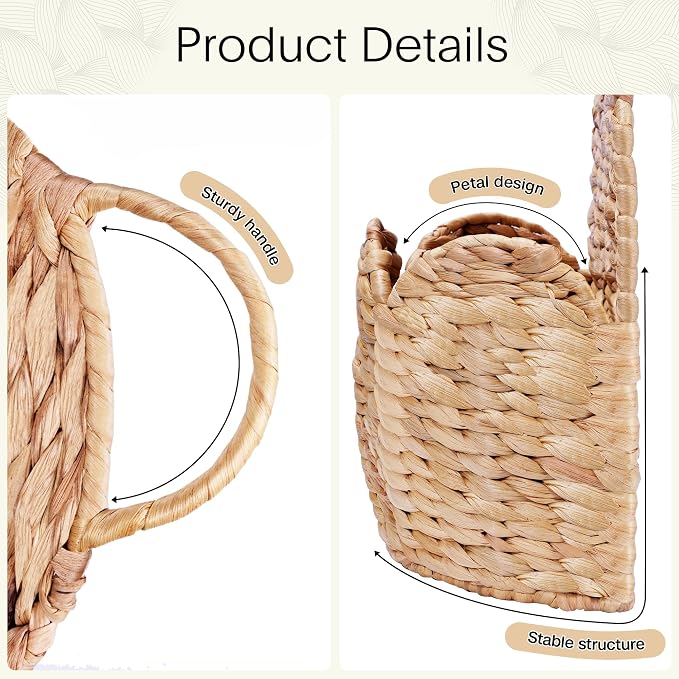 2 PC Door Basket Scalloped Hanging Storage Basket,Water Hyacinth Woven Wall Baskets for Front Door Decor, Hangable Storage Organize for Flowers,Planter,Mails,Wicker Baskets for Organizing Garden- S+L