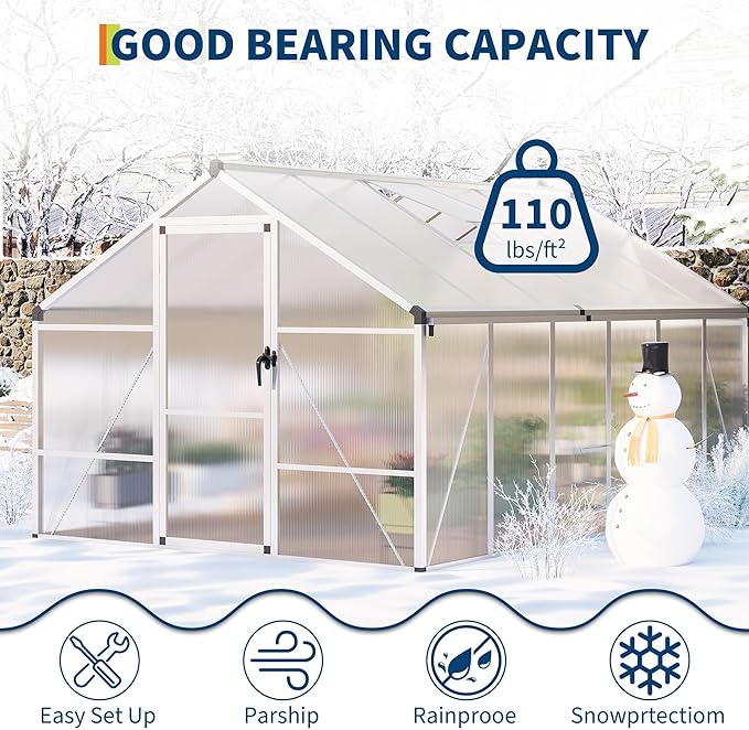 8x12 FT Greenhouse for Outdoors, Polycarbonate Greenhouse with Roof Vent, Ground Nails, Lockable Push Door, Aluminum Large Walk-in Green House for Outside Garden Backyard, Patio, Lawn, Silver