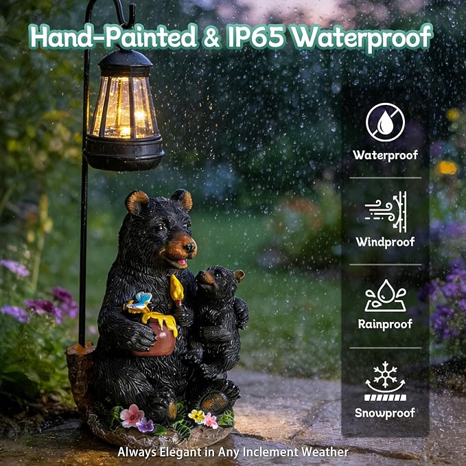 Pohabery Solar Bear Family Garden Statue with Lantern, Resin Mother and Baby Bear Figurine Outdoor Garden Decor