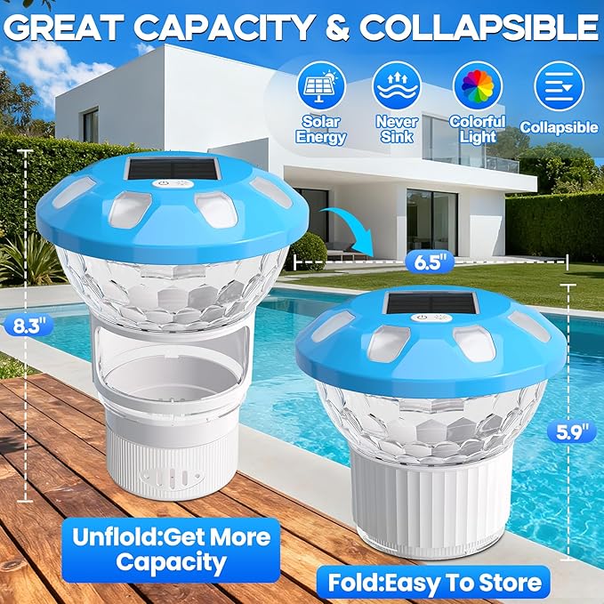 ChlorBlu 2026 Upgrade Solar Chlorine Floater, Chlorine Floater Colorful Lights, Buttons Control Floating Chlorine Dispenser for Pool,Adjustable Pool Chlorine Floater,Large Chlorine Pool Floater,White