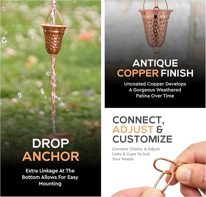 Copper Rain Chain – Decorative Chimes & Cups Replace Gutter Downspout & Divert Water Away from Home for Stunning Fountain Display – for Universal Fit