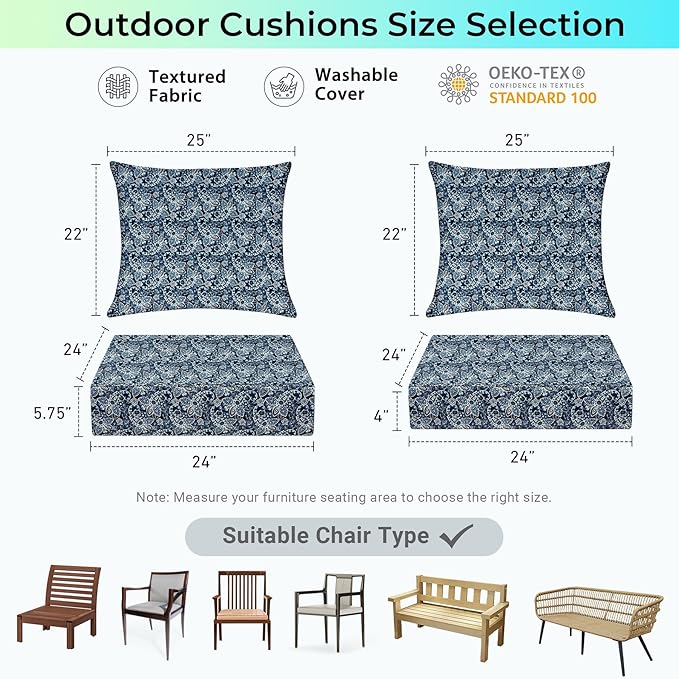 IPYNBAP Outdoor Cushions for Patio Furniture,Outdoor Seat Cushion Set 24 x 24 x 4 Inch,Waterproof & Fade Resistant Outdoor Chair Cushions,Deep Patio Chair Cushion with Removable Cover,Green Paisley