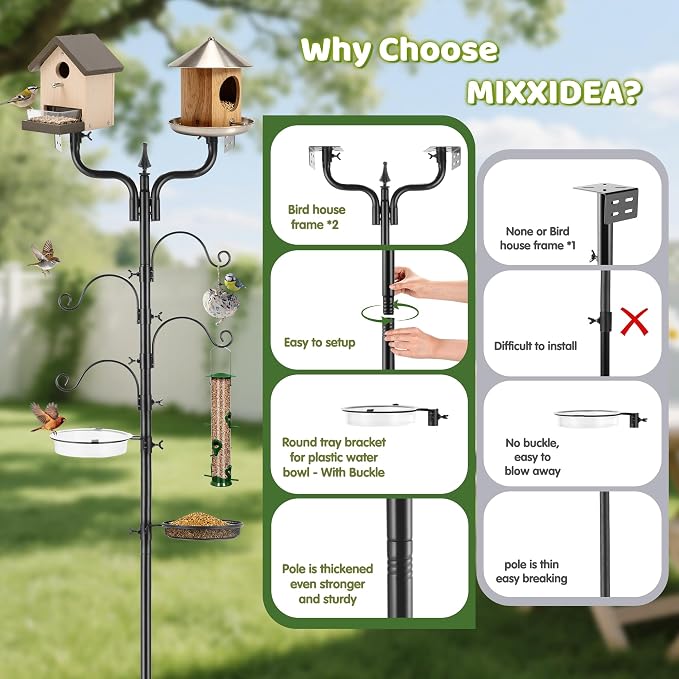 Upgraded Bird House Pole Heavy Duty Bird Feeder Pole Thickened Pole with 4 Hooks,Wind-Resistant Water Bowl,Mesh Tray,Y-Shape Platform Bird House Frame for Yard Garden Backyard(Not Include Birdhouse)