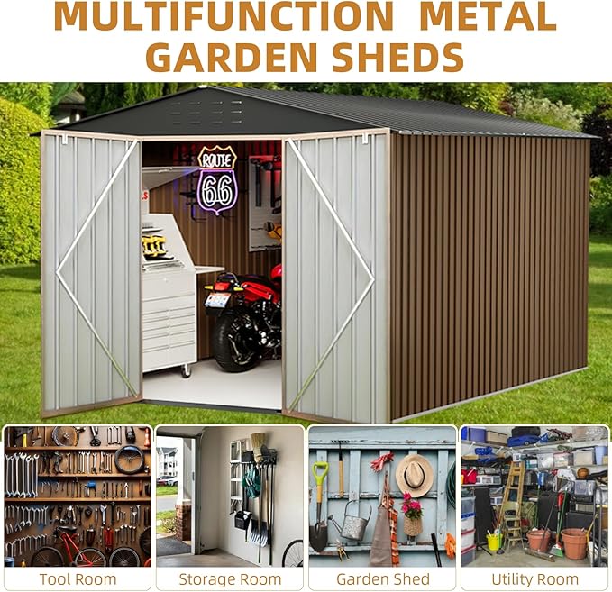 Garvee 8x12ft Metal Shed, Outdoor Garden Tool Storage Shed with Lockable Doors, Large Metal Shed with Sturdy Frame Structure, for Backyard, Patio, Lawn, Brown