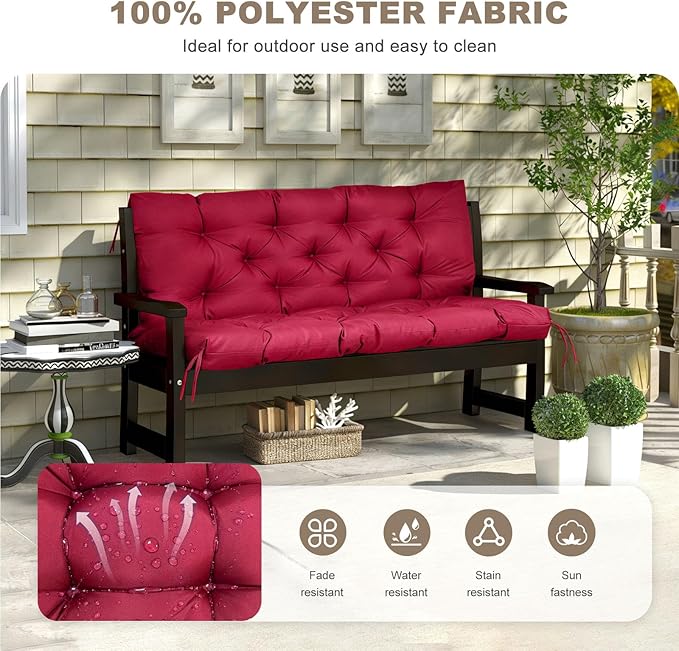 Porch Swing Cushion with Backrest,Waterproof Bench Cushion for Outdoor Furniture,2-3 Seater Replacement Thickened Swing Cushion with Ties,Patio,Outdoor,Backyard and Garden (Wine Red,60x40)