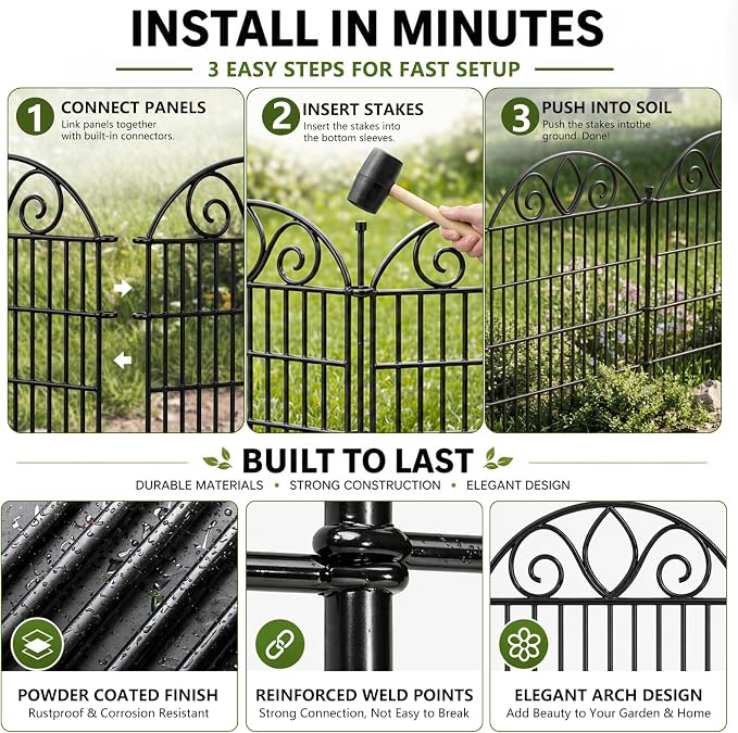 10 Panels No Dig Tall Garden Fence Panel – 44" H X 23.6' L Rustproof Metal Dog Fence Outdoor for Yard, Decorative Animal Barrier Fence for Pet, Garden Border, Patio, Flower Beds| Temporary Fencing