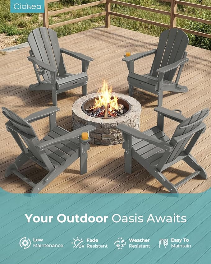 Ciokea Folding Adirondack Chair Wood Texture 4 Pack, Patio Adirondack Chair Weather Resistant, Plastic Fire Pit Chair with Cup Holder, Lawn Chair for Outdoor Porch Garden Backyard Deck (Grey)