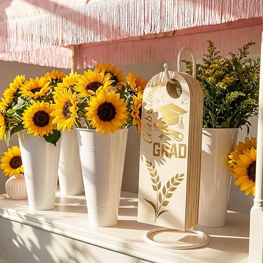 Eaasty 48 Set Graduation Day Themed Single Sunflower Card Sleeve Grad Gift Packaging Flower Holder with Floral Water Tubes Ribbon Floral Tissue Paper for Flower Packing