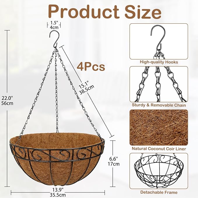 4 Pack 14 inch Metal Hanging Baskets for Plants, Round Metal Wire Hanging Basket Planter with Coco Fiber Liners Chain for Garden Home Porch Patio, Flower Border