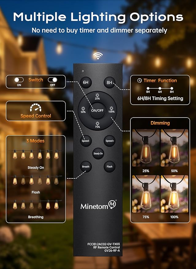 Minetom 100FT Outdoor-String-Lights with Remote, 31+2 Shatterproof ST38 LED Bulbs, Waterproof Patio Lights with 3 Modes, Dimmable & Connectable 2700K Hanging Lights for Backyard Porch Deck Balcony