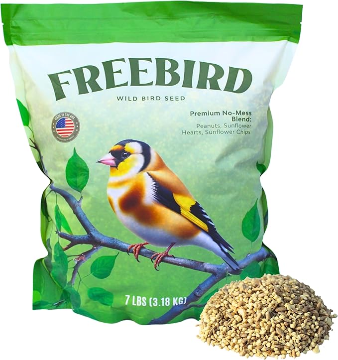 Premium No Mess Bird Seed by Freebird - Peanut Pieces, Sunflower Hearts, Sunflower Chips - 100% Waste Free Bird Food for Finches and Small Songbirds - 7lb Bag