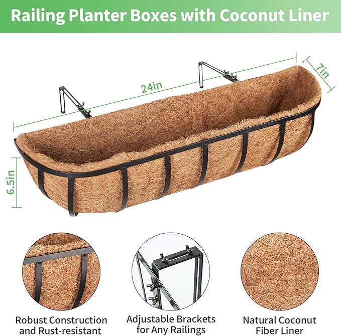 Legigo 2 Pack 24 Inch Window Boxes Railing Planter Box with Coconut Liner, Balcony Railing Planter Horse Trough Deck Window Planters, Metal Railing Hanging Flower Baskets for Outdoor Porch Fence Patio