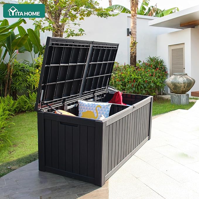 YITAHOME 180 Gallon Large Outdoor Storage XL Deck Box w/Divider for Patio Furniture,Outdoor Cushions, Garden Tools, Sports Equipment and Pool Supplies, Waterproof, Resin, Lockable, Black