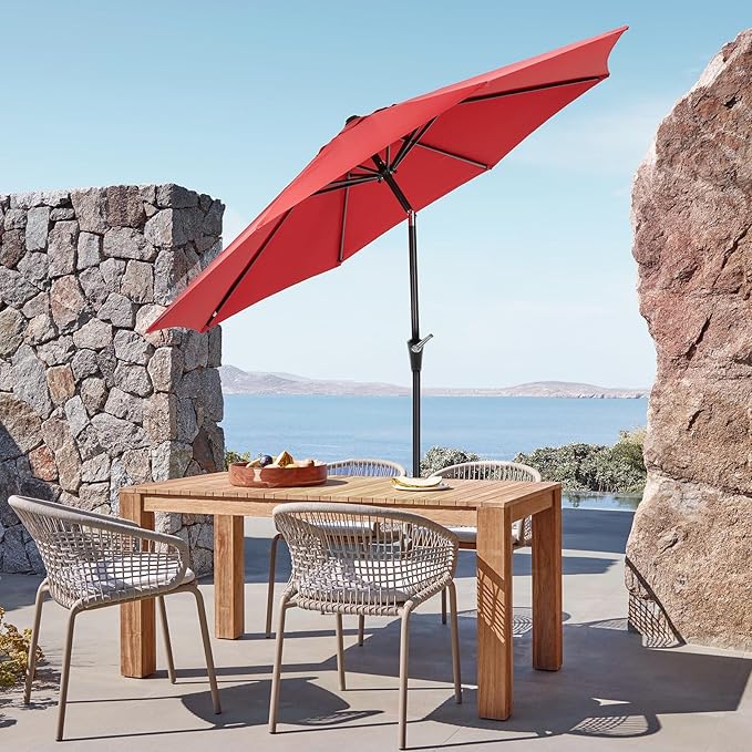 OLIXIS 9FT Patio Table Umbrella with Tilt and Crank Button & 8 Sturdy Ribs Waterproof, 9 Feet Outdoor Patio Umbrella Sun Shade for Poolside, Terrace, Beach and Restaurant, Red