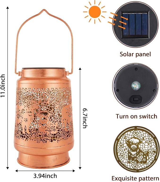 Highland Cow Solar Lanterns Outdoor Waterproof, Highland Cow Gifts for Women Hanging Solar Lights for Outside, Decorative Light for Garden Patio Porch Yard Decor