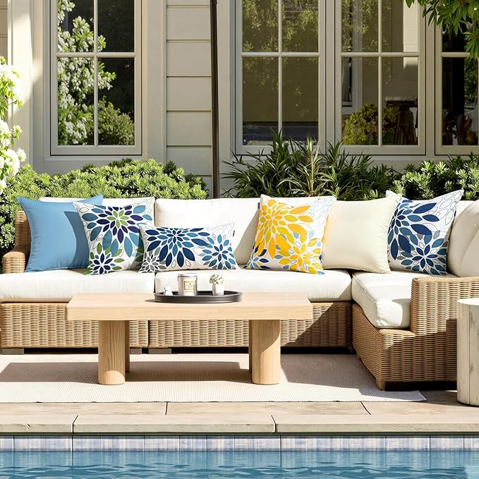 Floral Outdoor Pillow Covers Waterproof Spring Throw Pillow Cases Yellow Blue 16x16 Inch Set of 2 Decorative Summer Cushion Covers for Patio Furniture Garden Bench Porch Sofa