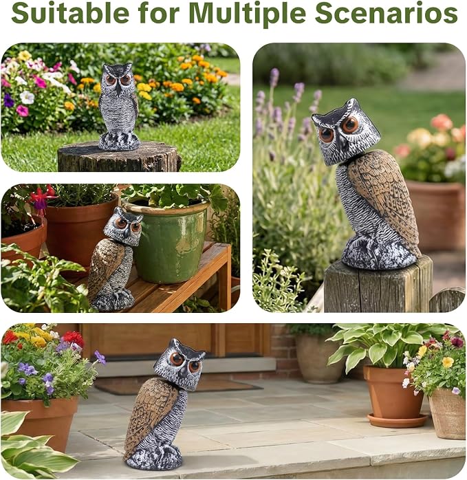 OFFO 3 Pack Fake Owl, Owl Statue for Garden and Yard Decoration, Weatherproof Plastic Rotating Head Outdoor Owl Decor for Porch Pool Patio Yard, 8-Inch Height, Round + Long + Short Ear Owl