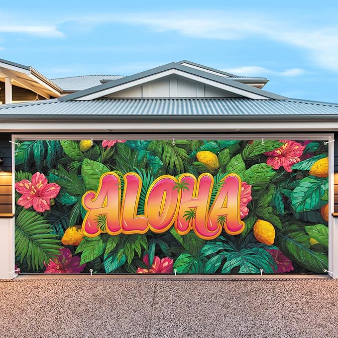 7 * 16FT Summer ALOHA Garage Door Cover Decorations Sunset Palm Trees Garage Door Banner for Outdoor Indoor Summer Party Photography Backdrop