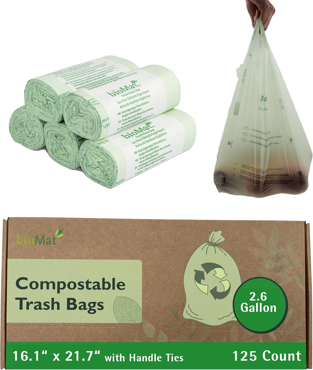 bioMat 2.6 Gallon Compostable Trash Bags with Handle Ties, 150 Count, Compost Bags for Garbage Bins, BPI ASTM D6400 and CMA Certified Trash Bags