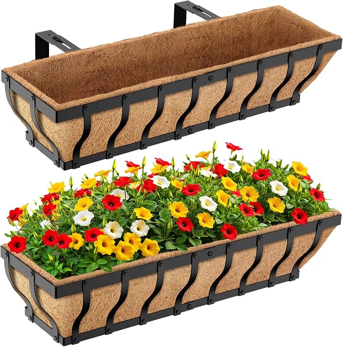 VOXOR Railing Planter Boxes, Heavy Duty Window Box Planters, Adjustable Balcony Planters for Railing Hanging, with Coco Liner for Deck, Porch, and Patio Gardening (2 Pack, 30 Inch)