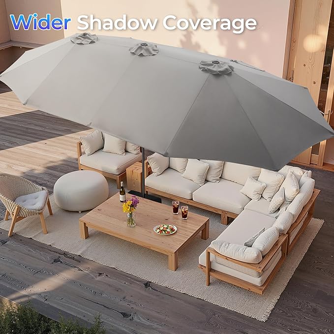 SUPERJARE 15FT Outdoor Patio Umbrella with Base Included, Double Sided Pool Umbrellas with Fade Resistant Canopy, Extra-Large Table Umbrella for Deck, Market, Backyard, Gray