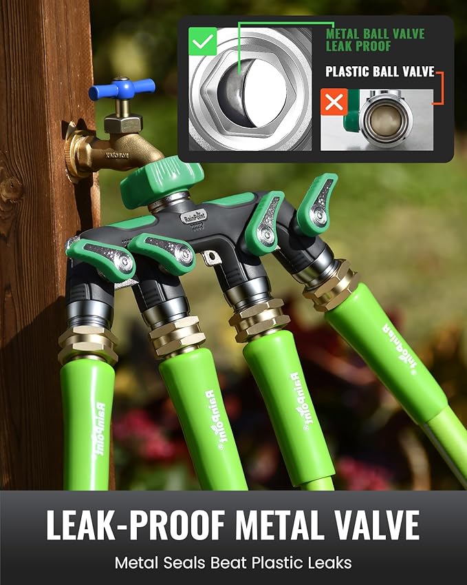 RAINPOINT 4 Way Garden Hose Splitter, 100% Metal Heavy Duty Water Hose Splitter with Individual Shut-Off Valves, 3/4" GHT High Flow Outdoor Faucet Splitter, 1.81" Extra Long Handle (Dark Green)