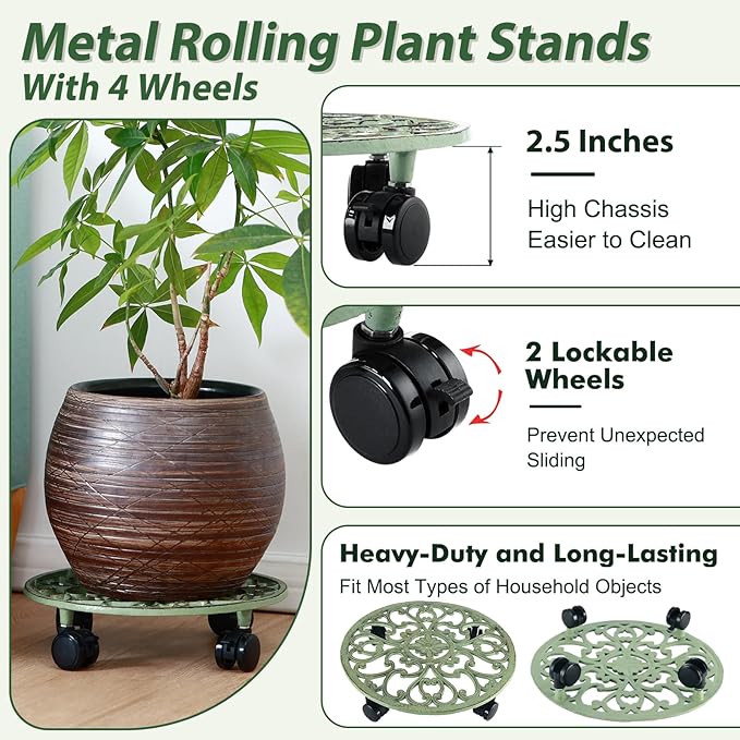 2 Packs 14 Inch Rolling Plant Stand with Wheels Metal Plant Caddy with Wheels Heavy Duty Round Plant Stand Indoor Iron Plants Rollers for Plants, Plant Dolly Retro Green
