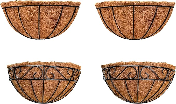 LalaGreen Bundle - 14" x 2 Pack + 14" 2 Pack Hanging Flower Baskets with Coco Liner in Two Different Designs Herb Pot Holder Rail Planter Outside Railing Deck Vertical Garden Wire Pots